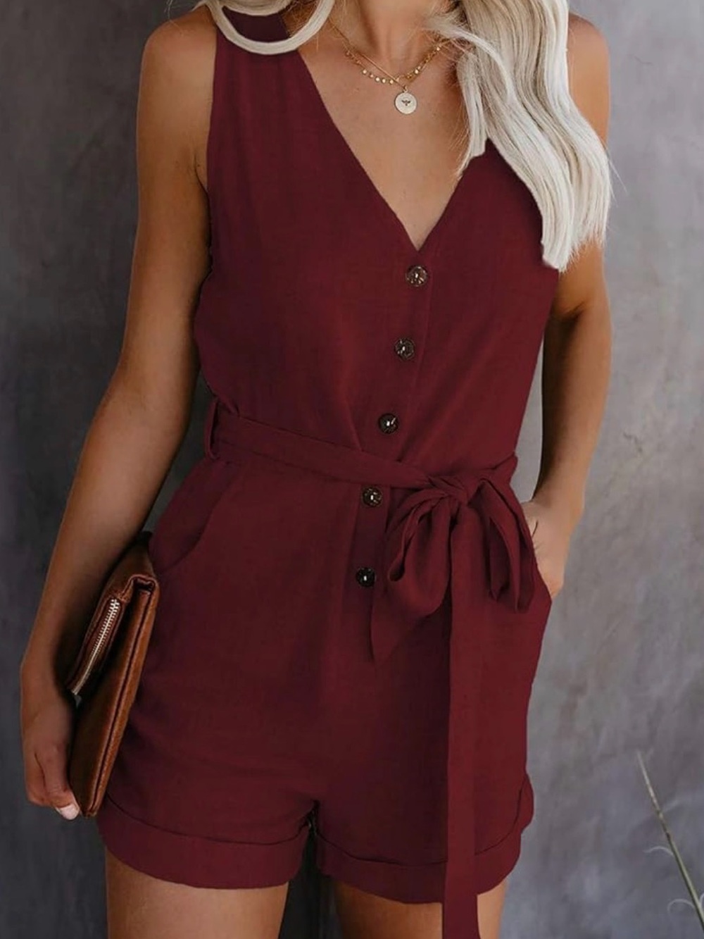 Sleeveless Burgundy Button-Front Tie-Waist Romper